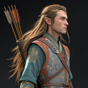 3D digital model of an anime-style elf archer. Long, flowing hair, traditional Japanese-inspired attire. Tunic with intricate design, quiver of arrows. Dark, digital background.