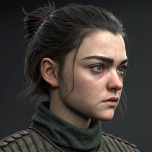 A digital 3D model of Arya Stark from Game of Thrones. Close-up of her face and hair. Stark's signature dark hair in a messy bun, green eyes, and determined expression.