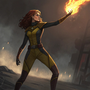 Jean Grey from Marvel Bombshells concept art. Fire in hand, dark and moody background, dramatic pose.