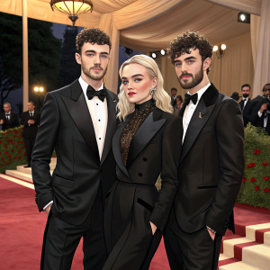 Clean Bandit members Luke Patterson, Grace Chatto, and Jack Patterson, dressed in elegant black suits, posing together at the Met Gala event.