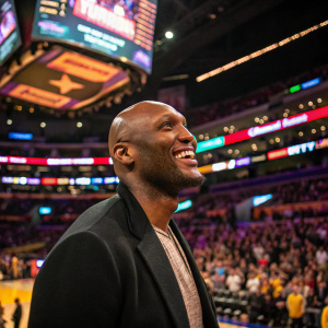 Lamar Odom, African American, bald head, smiling widely. Inside a bustling arena during a sports awards ceremony.