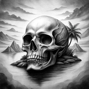 skull island tattoo design - perfect realistic art - high-definition - grey and black - white background 