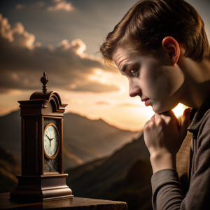 Imagen de una persona joven y moderna mirando pensativamente un reloj antiguo y una Biblia. El fondo debe ser un paisaje tranquilo que invite a la reflexión. En el cielo, un signo de interrogación brillante.