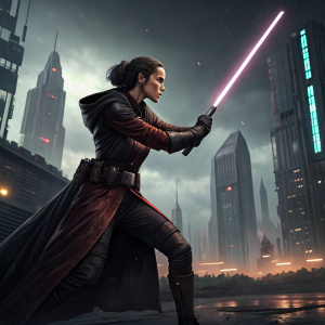 Bastila Shan, determined look, wielding a lightsaber in a combat stance. Dark, futuristic cityscape in background.
