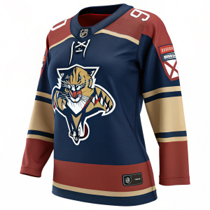 Reverse Retro Florida Panthers jersey, featuring a large panther mascot logo. Navy blue, brown, and red color scheme. Female athlete's jersey with medium-sized panther graphic and detailed branding elements.