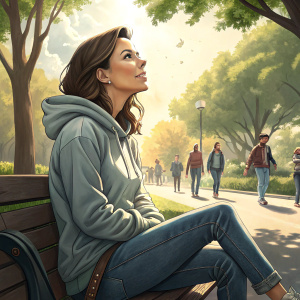 Eva Longoria, in a casual outfit, jeans and a hoodie, sitting on a park bench. Sunny day, people walking by.