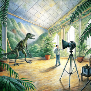 photo studio in the paleontology museum, man take photo with camera, studio light kit