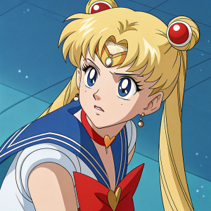 Close-up of Minako Aino from Sailor Moon. Wearing her iconic blue and red costume. Frowning, anime style. Abstract blue background