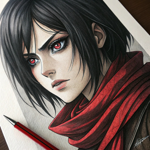 Digital painting of Mikasa Ackerman from Attack on Titan. Focusing on her intense eyes and detailed facial features. Black and red color scheme. Next to the painting is a pencil.