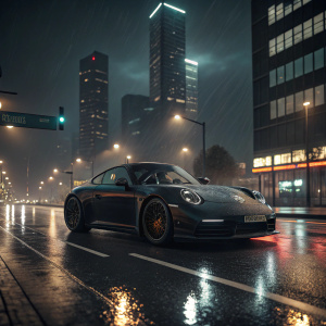 Realistic 3D render of a matte black Porsche 911 Carrera S driving through the night on a wet street. Tall skyscrapers with neon lights in the background