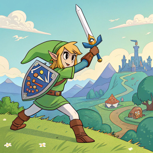 Link from The Legend of Zelda, in action pose with sword. Colorful game background