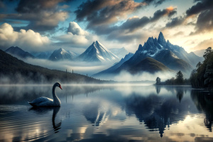 A lot of rain. A lake. In the background, some mountains lost in the fog are reflected in the lake. Cold and gray environment. A black swan comes to camera.