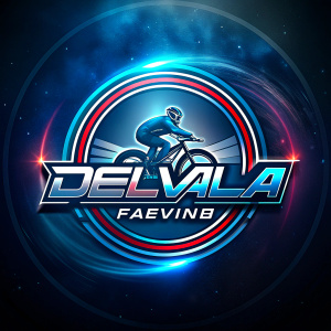 word "DELVALA" fast racing style logo in circle with cyberpunk style with track bicycle