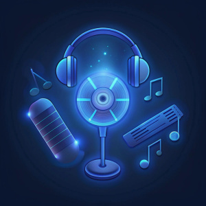 Music notes, CDs, headphones, microphone, artificial intelligence