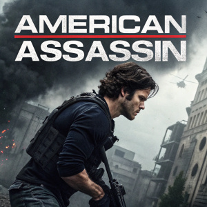 Movie poster for 'American Assassin'. Dark and gritty style. Title 'American Assassin' in bold white text. Background: urban warfare scene. Black and gray tones