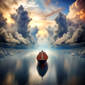 a huge ship is in middle of the ocean and sky will be cloudy