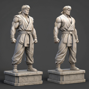 Digital 3D render of two statues featuring Ryu from Street Fighter V: Arcade Edition, carved in stone-like material, standing on matching pedestals. Gray background, isolated
