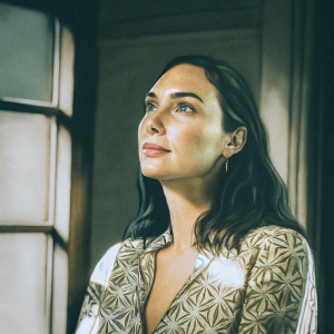 Gal Gadot, thoughtful expression, medium complexion, dark hair. Wearing intricate patterned blouse. Dark bluish background. Realistic digital painting with emphasis on features and clothing, skillful lighting and shading.