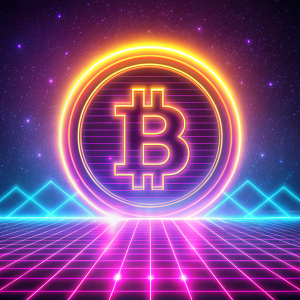 Retro 80s neon background with bitcoin symbols.