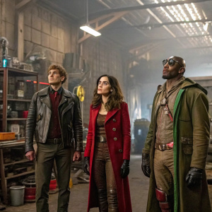 Cinematic photo of Doom Patrol cast. Industrial workshop backdrop. Characters in unique outfits. Machinery and gadgets around.