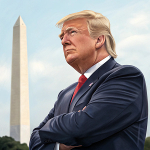 Digital illustration of Donald Trump, face exaggerated with detailed facial contours, posing in front of the Washington Monument.