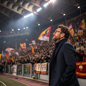 Eusebio Di Francesco, former football manager, standing in a bustling stadium. Crowd cheering
