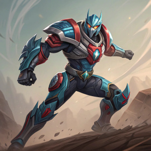 Digital illustration showcasing BattleCast Prime Skin for League of Legends. Depicts character in dynamic poses, featuring a mix of cool blues, metallic grays, and vibrant reds. Intricate mechanical details and stylized art. Set against a muted, earth-toned backdrop with subtle texture.