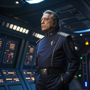 Edward James Olmos, as Commander William Adama, stands in a futuristic control room of the Battlestar Galactica. He is dressed in a sleek, dark blue uniform with metallic accents. The background is filled with advanced technology panels and blinking lights. The atmosphere is tense, with a single spotlight highlighting his determined face.