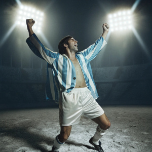 Gonzalo Higuain, the Argentine soccer star, doing a victory dance. White turf field, shadowy stadium lights in background.