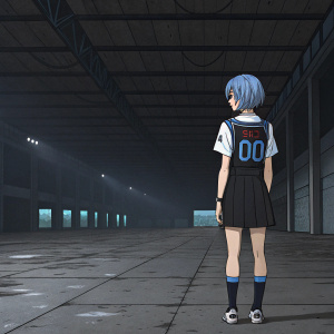 A digital illustration of Rei Ayanami from Neon Genesis Evangelion. Standing alone in a vast, empty void. Wearing a black and blue school uniform with number 00. Dark, gloomy atmosphere.