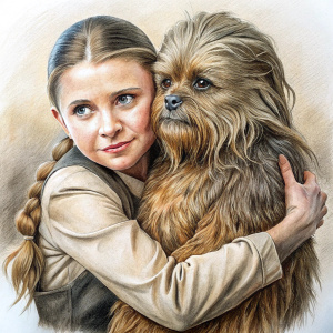 Greta Thunberg hugs Chewbacca, graphics, pencil, super realism