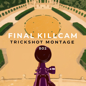 High-definition image showcasing the final trickshot montage scene from BO2. Close-up view of a shiny, purple sniper rifle with an oversized scope. Set in an expansive, detailed outdoor environment with intricate architectural elements. Prominent display of 'FINAL KILLCAM' and 'TRICKSHOT MONTAGE' text