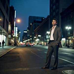Scott Foley, dressed in a tailored suit and a crisp white shirt, standing alone on a busy city street at night.