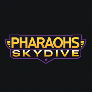 Digital logo design for Pharaohs Skydive. Bold, eye-catching. Text: Pharaohs Skydive. Backgrounds: black, yellow, purple. Contrast and vibrancy.
