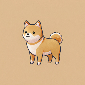 A simple minimalist cartoon dog drawing in Ghibli style. The background is beige. There should be no shadows or gradients on it.Hime kawaii Yoshida Akihiko's style