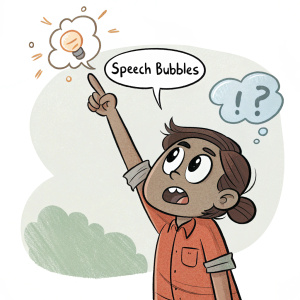 Cartoon character raising a finger, surrounded by speech bubbles in Spanish. Discussing social justice issues.