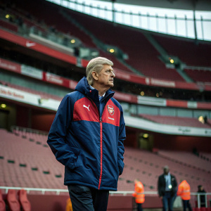 Former Arsenal FC coach Arsène Wenger, wearing a Puma jacket with blue and red hues, stands in the middle of an empty stadium. Serious expression, blurred figures of stadium staff and fans in background.