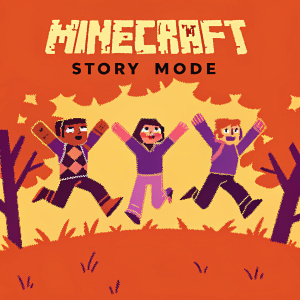 Steve and friends jumping for joy in a vibrant pixelated world. Minecraft Story Mode logo in upper corner.