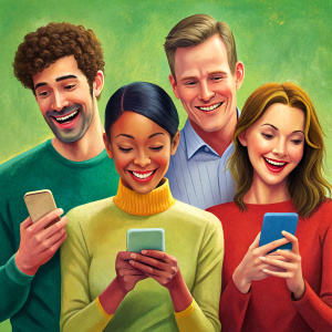 collage photo 4  people smiling looking on their phones
