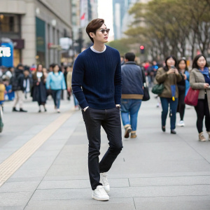 Lee Jong-Suk, dressed in a casual outfit, walking through a bustling urban street scene. He wears a navy blue sweater, black jeans, and white sneakers. The background is filled with a diverse crowd of people.