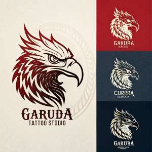 Multiple designs of Garuda Tattoo Studio logo. The logo features a stylized bird with a fierce expression on various backgrounds.