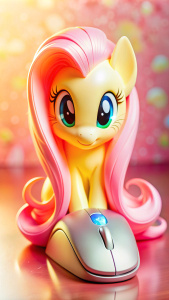 "Create an image featuring Fluttershy seated at a computer desk, her delicate hooves delicately grasping a sleek, expensive computer mouse. The mouse gleams with metallic accents and intricate designs, reflecting the elegance of its owner. Fluttershy's gentle gaze is focused on the screen, her expression serene as she navigates through digital landscapes. The scene is bathed in soft, ambient light, highlighting the tranquility of the moment."