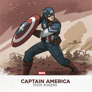 Illustration of Captain America, Steve Rogers, mid-battle pose, from The Winter Soldier series. Bold lines, limited color palette featuring red, white, and brown tones. Marvel Comics logo at the bottom.