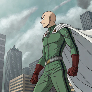 Saitama, the bald hero from One Punch Man, illustrated in a comic book style. Green spandex suit, standing in a battle stance against a cityscape background.