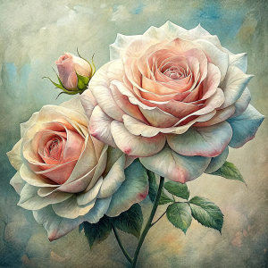 Vintage Old, Soft Colors, Oil Painting two Large Roses, Frontal View