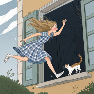 Illustration of a young woman with flowing blonde hair, mid-fall from an open window. She wears a plaid dress. A small cat with unique fur pattern is depicted in the foreground.