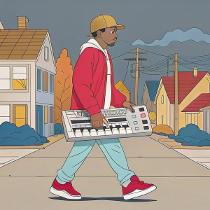 joven rap caminando por el barrio de noche con akai mpc 