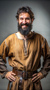 ANTIGUA GRECIA. un hombre de unos 35 años, tiene una barba descuidada de color negro. Lleva una túnica de color marrón y un cinturón de cuero. Con una sonrisa burlona.