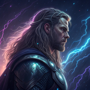 Digital artwork featuring Thor Odinson from the Marvel Universe. Long, wet hair cascading over his armored chest. Electric blue and purple energy crackling around him, set against a starry cosmic backdrop.