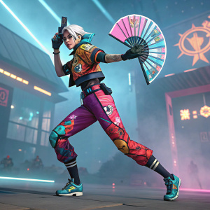 Jett from Valorant in a high-energy pose, decked out in vibrant hues and weapon-themed designs.